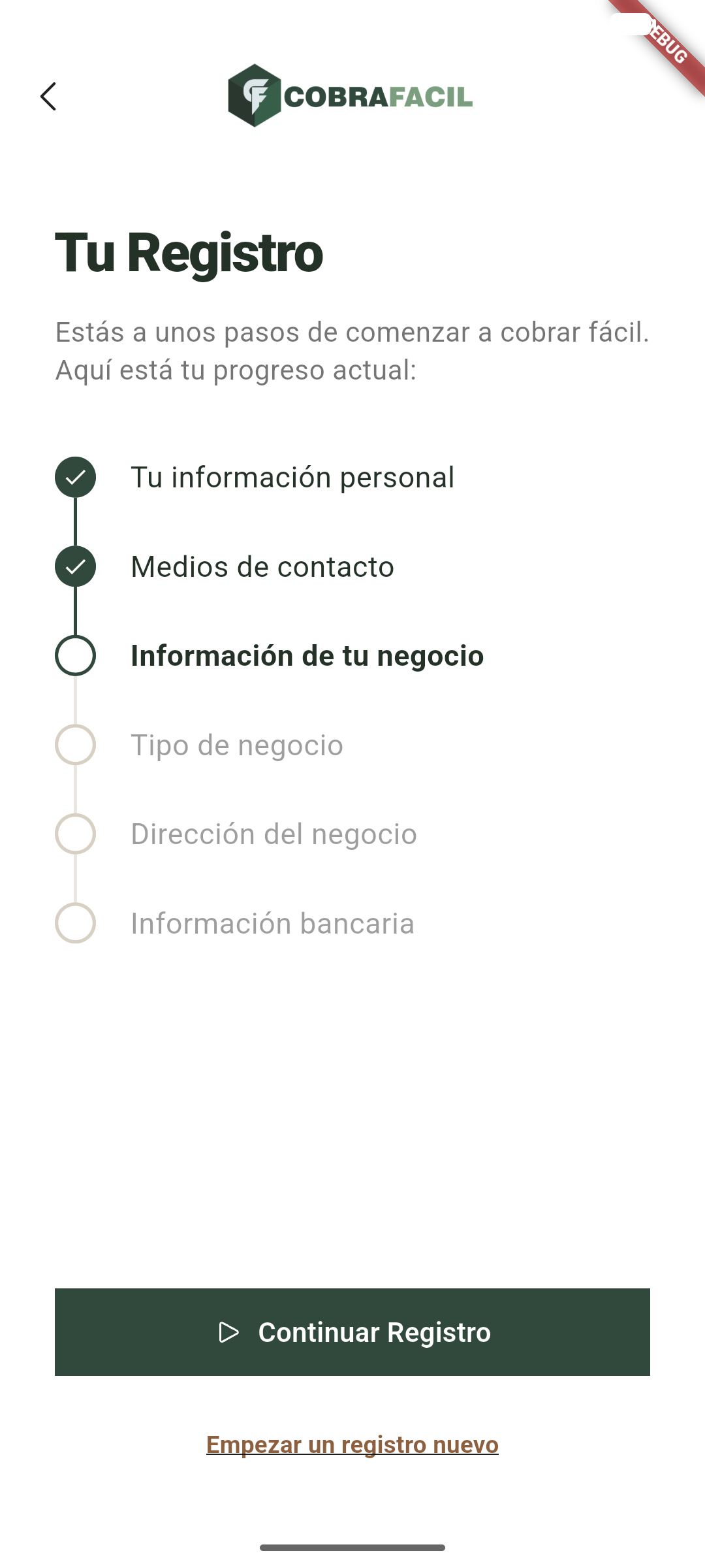 Pantalla de Pasos Registro